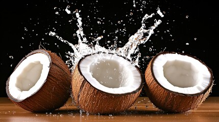 Fresh coconuts splashing water, dark background, wood table, beverage