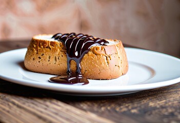 Portrait of a delicious bread slice drizzled with chocolate sauce on a white ceramic plate