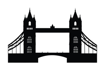 A stark black silhouette of Tower Bridge against a pure white background