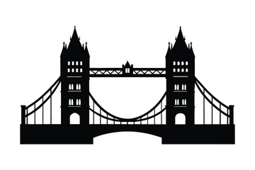 A stark black silhouette of Tower Bridge against a pure white background
