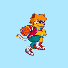 Cute tiger play basketball cartoon illustration design