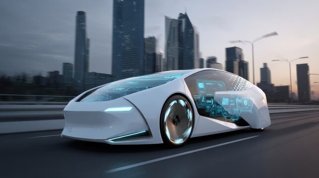 An innovative selfdriving electric car glides along a modern highway highlighting a futuristic headsup display that projects vital navigation data demonstrating the evolution of smart