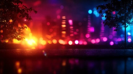 Vibrant city lights with colorful bokeh and foliage in the foreground.
