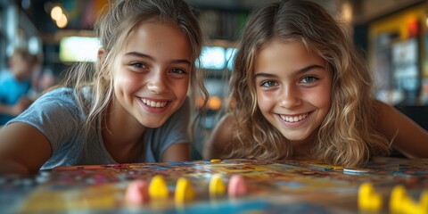 two teenagers laughing and playing a board game, with their phones placed out of reach on a nearby table, bright living room with empty right side for text, natural daylight