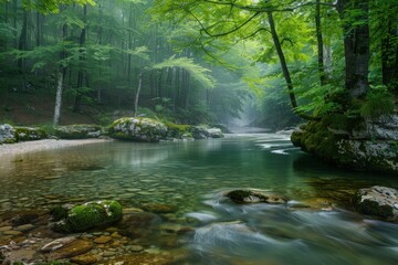 Obraz premium Magical misty atmosphere surrounds a clear river flowing through a dense forest with mossy rocks and lush green foliage
