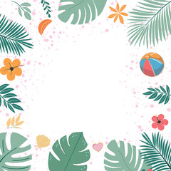 Vector summer background with hand drawn tropical leaves, flowers. Perfect for seasonal banners, social media, poster, banner, post, cover, invitation.	