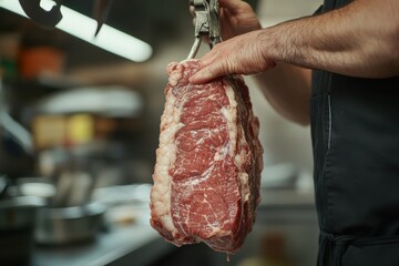 Fresh Raw Beef Cut Being Weighed in Restaurant Kitchen Area