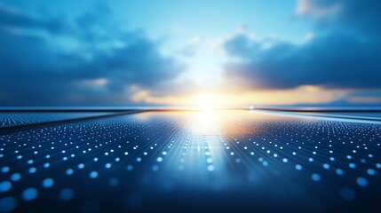Futuristic landscape with glowing paths and a bright horizon.