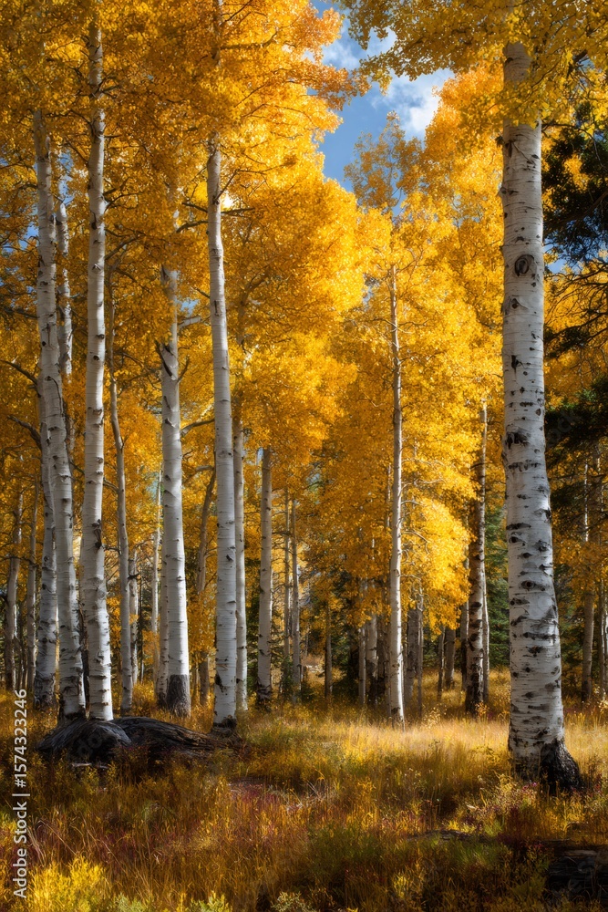 Poster sunlight filters through a dense grove of aspen trees displaying vibrant golden foliage in a serene 