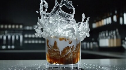 Iced coffee splash, bar, dark background, advertising