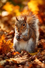 Obraz premium Furry rodent collecting acorns among vibrant fallen leaves, preparing winter food supply in woodland seasonal landscape