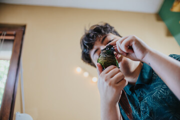 A young girl enjoys a playful moment with her parrot inside a cozy living room, showcasing the bond...