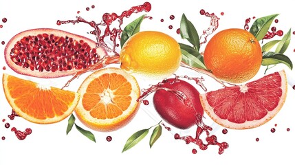 Citrus fruit splash, juice, background white, healthy food, advertising