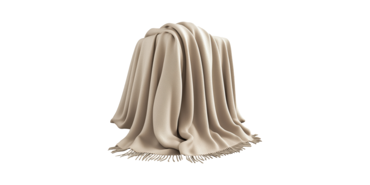 Beige Wool Blanket With Tassels. Cozy Home Decor And Comfort Isolated On Transparent Background