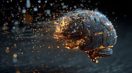 Abstract 3D render of AI brain made of circuits and light patterns with floating data around it