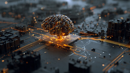 Abstract 3D render of AI brain made of circuits and light patterns with floating data around it