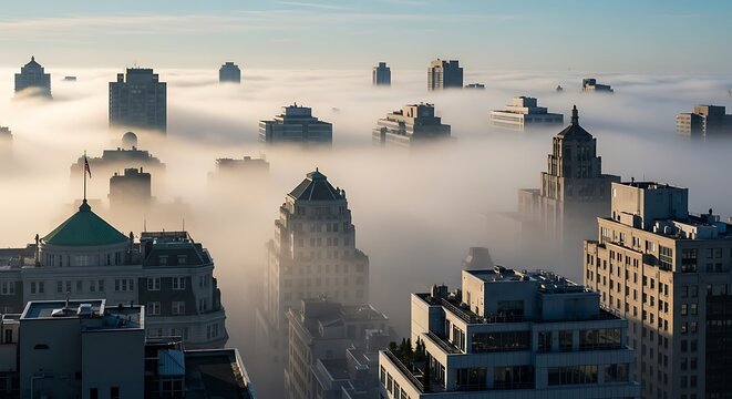 Skyscrapers emerge from thick morning fog creating a surreal urban landscape at sunrise