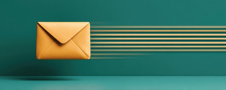 A brown envelope in motion with speed lines on a teal background, symbolizing fast mail or quick delivery service.