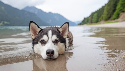 siberian husky dog on river