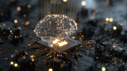 Abstract 3D render of AI brain made of circuits and light patterns with floating data around it