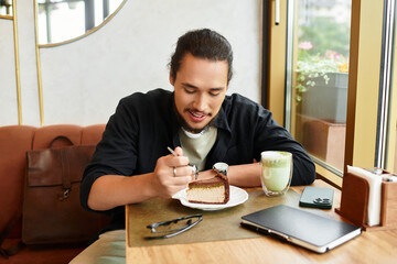 Freelancer enjoys matcha and cake in a sunny cafe
