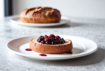 Portrait of a bread topped with berry jam on a white plate in the kitchen morning
