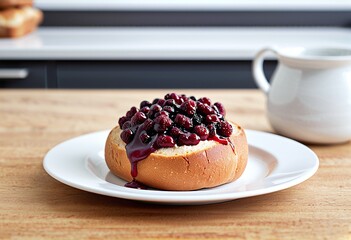 Portrait of a bread topped with berry jam on a white plate in the kitchen morning