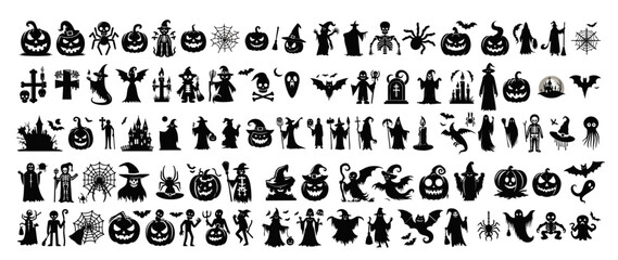 Set of halloween silhouettes black icon and character. Vector illustration. Isolated on white background