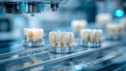 High-tech dental laboratory with advanced 3D printing technology producing precise crowns and bridges, illustrating innovative restorative dentistry