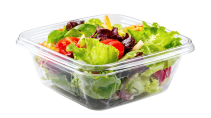 Salad in square plastic takeaway box, food packaging concept, isolated on transparent 