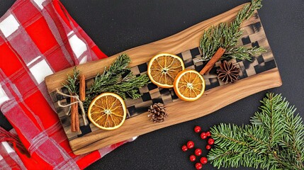 Festive wooden board with citrus, herbs, and spices