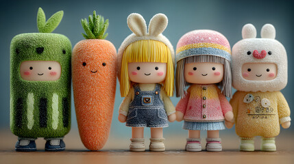 Collection of pastel kawaii character figurines in 3D, HD realistic