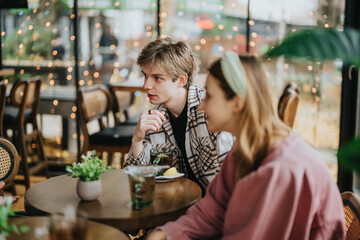 Two young individuals share a relaxing conversation in a well-lit and welcoming cafe. The interior features a warm and inviting atmosphere, perfect for social connections and moments of leisure.
