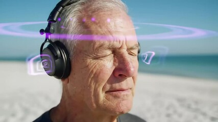 Senior man wearing headphones, eyes closed, with glowing digital graphics overlayed, on a sunny beach. - Powered by Adobe