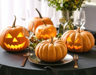 Fototapeta premium Halloween table setting with pumpkins