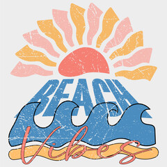 Beach modern abstract art. Ocean abstract wave. Here come the sun. Summer vibes artwork. Sunshine paradise graphic print design. Enjoy beach life.
 Retro sunset & ocean waves graphic for t-shirts.