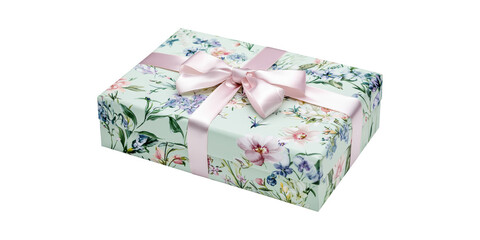 Floral Gift Box With Pink Ribbon. Elegant Present For Special Occasions Isolated On Transparent Background