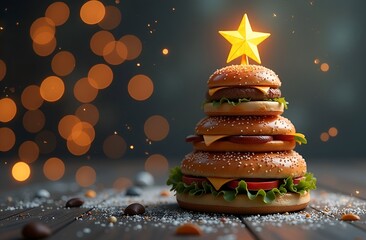 Creative food art featuring a festive burger tree adorned with a glowing star on top, surrounded by snow and soft bokeh lights, capturing a whimsical holiday spirit