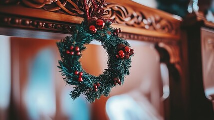 Festive wreath hangs on ornate mantel, blurry room background, holiday decor