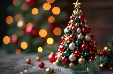 Festive miniature Christmas tree adorned with colorful ornaments, surrounded by soft bokeh lights, creating a warm and inviting holiday atmosphere for seasonal celebrations