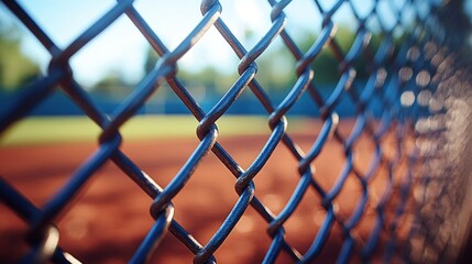Metal chain-link fence, baseball field beyond