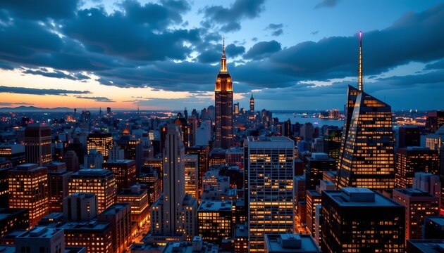 an urban nightscape, dominated by a prominent skyscraper towering over a city skyline. the sky is dark with clouds, indicating it is late evening
