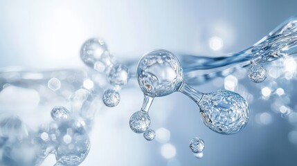 Transparent molecular structures interconnected with water droplets in a clear, fluid environment.