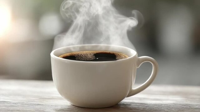 Steaming Cup of Coffee: A close-up shot of a freshly brewed cup of coffee, steaming invitingly and conveying a sense of warmth and relaxation. 