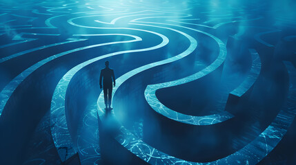 Human silhouette walking through a maze of floating, Creative business concept
