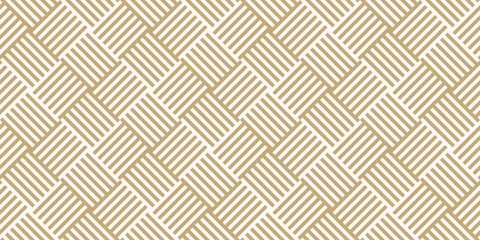Golden wicker surface texture. Vector abstract geometric seamless pattern. Geo background with stripes, lines. Simple elegant gold and white ornament. Repeated design for decor, print, wallpaper, wrap