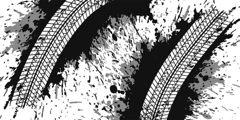 Obraz premium Tire tread marks, wheel textures, tire marks - car racing, motocross, drift, rally, off-road and others. Vector black isolated texture in grunge style with splashes.eps10