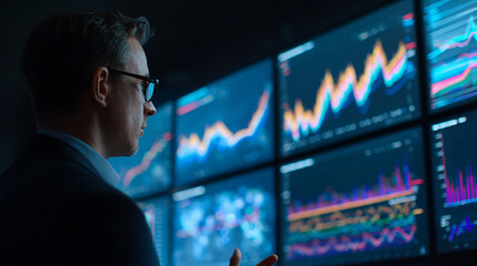 Businessman analyzing growth charts on digital screen