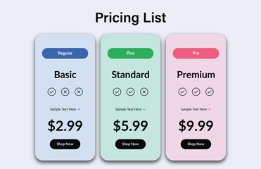 Pricing list for basic, standard and premium subscription