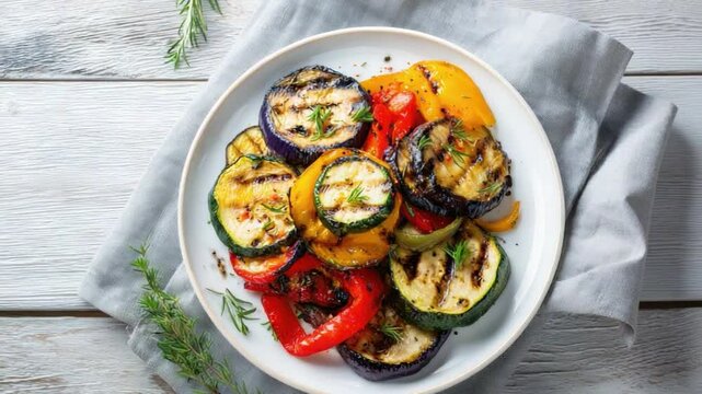 Grilled Vegetable Medley: An artful arrangement of grilled zucchini, bell peppers, and eggplant, elegantly presented on a pristine plate, with fresh herbs as the finishing touch.